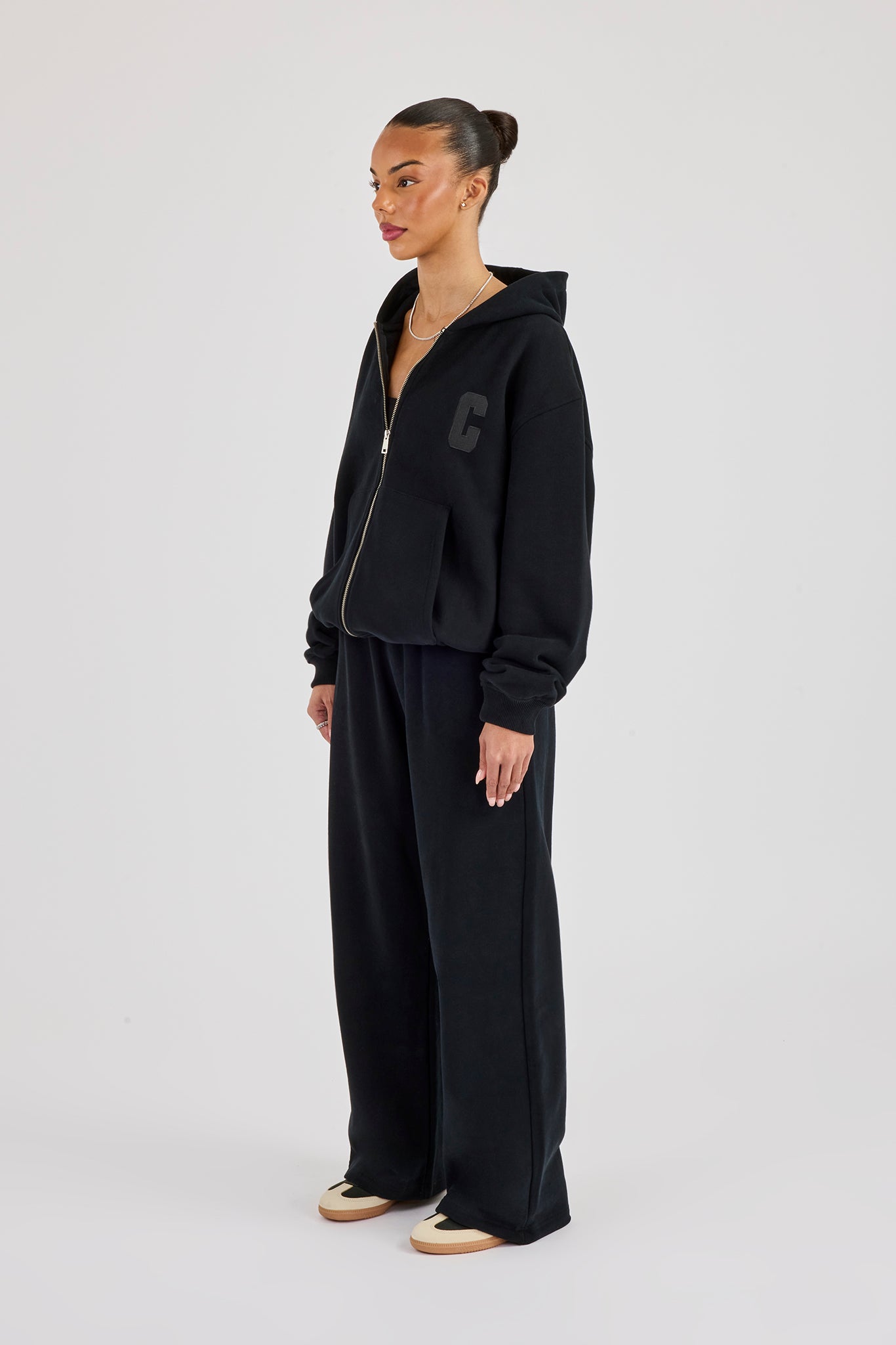 C Embroidered Zip Through Hoodie & Wide Leg Jogger - Black